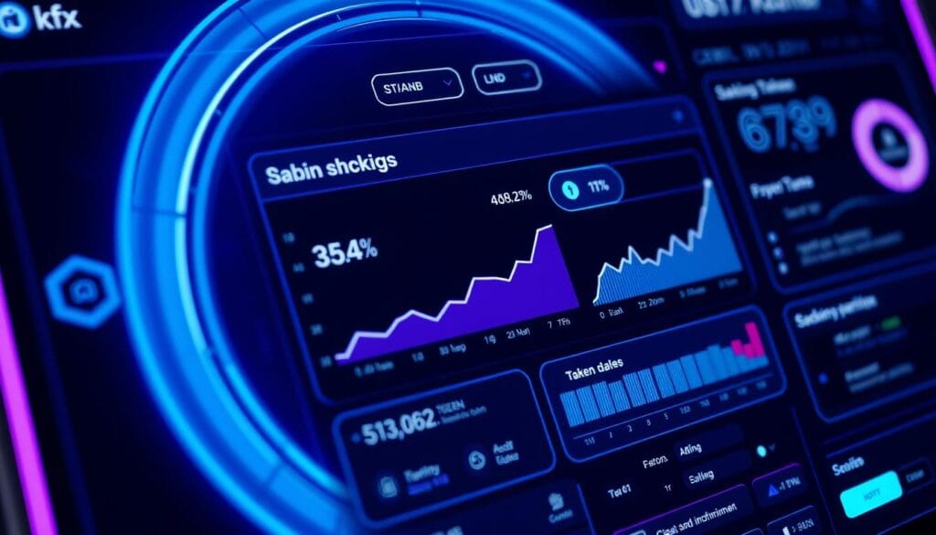 Detailed close-up shot of a digital cryptocurrency staking platform's user interface. Vibrant glowing interface elements, sleek minimalist design in shades of blue, purple, and white. Large central display showing staking rewards, percentages, and growth charts over time. Surrounding it, smaller panels with individual token balances, staking timeframes, and interactive buttons. Soft cinematic lighting creates a futuristic, technological atmosphere. Camera angle slightly elevated to showcase the depth and complexity of the dashboard. Crisp, high-resolution details bring the digital experience to life.