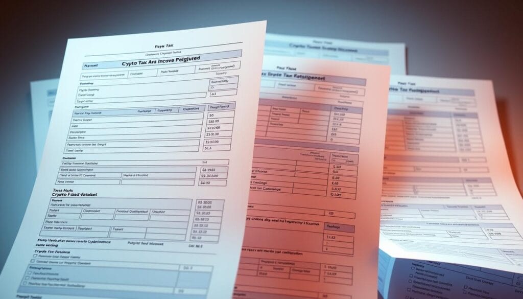 Detailed crypto tax software forms with neatly organized fields and sections, illuminated by warm, diffused lighting from multiple angles. Sleek, minimalist interface with intuitive navigation, set against a clean, professional backdrop evoking a sense of trustworthiness and efficiency. The forms effortlessly guide the user through the complex process of tracking and reporting cryptocurrency-related income, deductions, and taxes owed. An approachable yet authoritative visual representation of how specialized software can simplify the often daunting task of cryptocurrency tax compliance.
