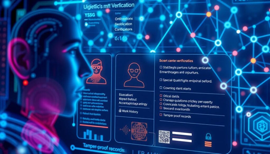 Detailed digital identity verification criteria, depicted on a futuristic interface. In the foreground, a biometric authentication process with facial recognition and fingerprint scanning. In the middle ground, user profiles with verified personal details, educational qualifications, and work history. In the background, a blockchain network visualizing secure data transactions and tamper-proof records. Illuminated by cool, neon-like lighting, the scene conveys a sense of advanced technology, privacy, and trustworthiness - essential elements of a next-gen identity verification solution. Detailed digital identity verification criteria, depicted on a futuristic interface. In the foreground, a biometric authentication process with facial recognition and fingerprint scanning. In the middle ground, user profiles with verified personal details, educational qualifications, and work history. In the background, a blockchain network visualizing secure data transactions and tamper-proof records. Illuminated by cool, neon-like lighting, the scene conveys a sense of advanced technology, privacy, and trustworthiness - essential elements of a next-gen identity verification solution.