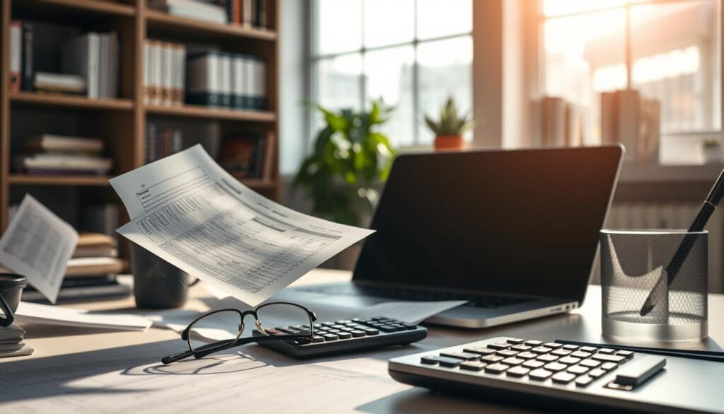 Detailed financial documents and calculators float in a modern, well-lit office setting. A desk with a laptop, glasses, and a pen cup sits in the foreground, casting soft shadows. In the background, shelves display books on taxes, finance, and small business management. The scene conveys a sense of organization, productivity, and the careful consideration of self-employment tax deductions, reflecting the complexities faced by independent workers seeking to optimize their insurance coverage. Detailed financial documents and calculators float in a modern, well-lit office setting. A desk with a laptop, glasses, and a pen cup sits in the foreground, casting soft shadows. In the background, shelves display books on taxes, finance, and small business management. The scene conveys a sense of organization, productivity, and the careful consideration of self-employment tax deductions, reflecting the complexities faced by independent workers seeking to optimize their insurance coverage.