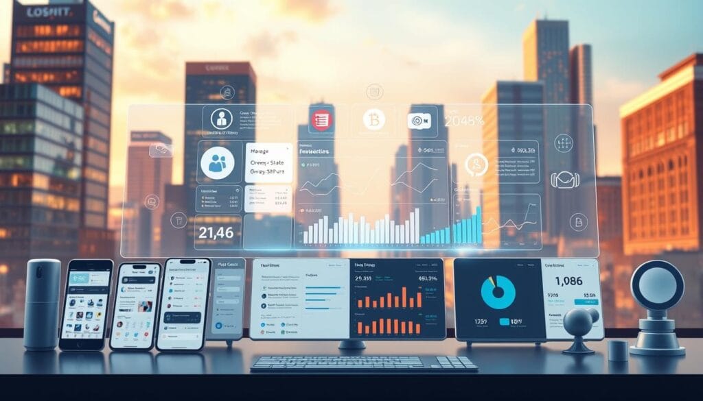 Detailed illustration of a modern fintech dashboard showcasing a range of complementary financial tools and services. Centered on a sleek, minimalist interface with clean typography and intuitive icons. In the foreground, a selection of mobile apps and web platforms offering features like budgeting, investment tracking, credit monitoring, and more. In the middle ground, a holographic projection of data visualizations, interactive charts, and personalized financial insights. The background features a cityscape with skyscrapers bathed in warm, diffused lighting, creating a sense of urban sophistication. The overall mood is one of seamless integration, empowering users to manage their finances comprehensively from a single, intuitive hub. Detailed illustration of a modern fintech dashboard showcasing a range of complementary financial tools and services. Centered on a sleek, minimalist interface with clean typography and intuitive icons. In the foreground, a selection of mobile apps and web platforms offering features like budgeting, investment tracking, credit monitoring, and more. In the middle ground, a holographic projection of data visualizations, interactive charts, and personalized financial insights. The background features a cityscape with skyscrapers bathed in warm, diffused lighting, creating a sense of urban sophistication. The overall mood is one of seamless integration, empowering users to manage their finances comprehensively from a single, intuitive hub.
