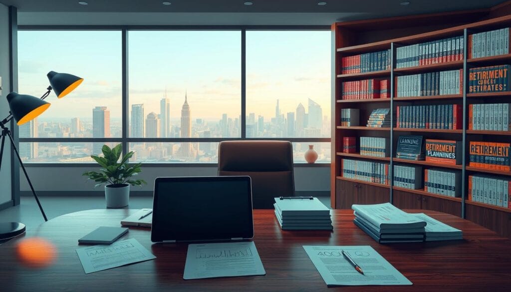 Detailed illustration of a modern office workspace with a variety of retirement planning tools. Foreground features a polished wooden desk with a laptop, tablet, and several financial planning documents. Middle ground showcases a sleek bookshelf filled with investment guides and retirement strategy books. Background depicts a large window overlooking a tranquil cityscape, with soft, warm lighting filtering through. The overall atmosphere conveys a sense of financial security, organization, and forward-thinking planning for the future. Detailed illustration of a modern office workspace with a variety of retirement planning tools. Foreground features a polished wooden desk with a laptop, tablet, and several financial planning documents. Middle ground showcases a sleek bookshelf filled with investment guides and retirement strategy books. Background depicts a large window overlooking a tranquil cityscape, with soft, warm lighting filtering through. The overall atmosphere conveys a sense of financial security, organization, and forward-thinking planning for the future.