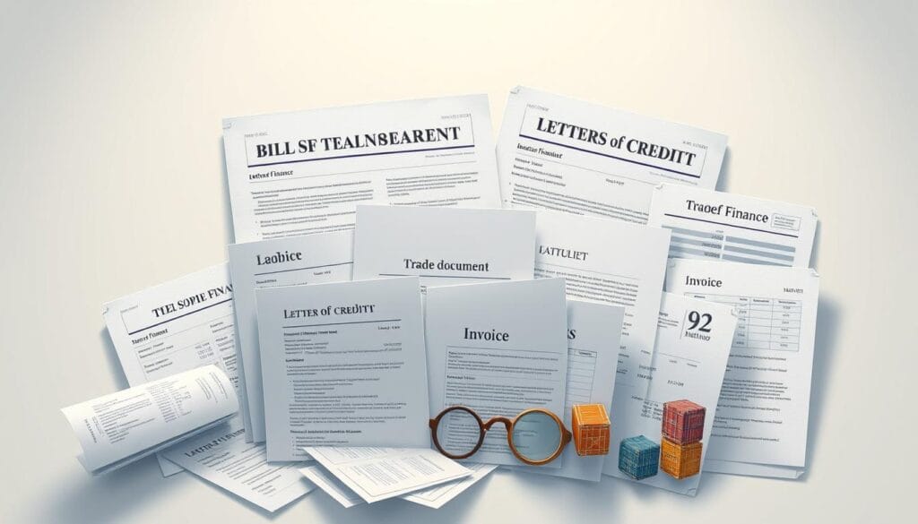 Detailed illustration of trade finance instruments, depicting a variety of financial documents, including bills of lading, letters of credit, and invoices. Crisp, clean, and well-organized composition with a neutral, professional tone. Soft, directional lighting from the top left casts subtle shadows, emphasizing the textures and forms of the documents. The scene is set against a muted, minimalist background, allowing the financial instruments to take center stage. Precise, technical rendering with a sense of authority and expertise, suitable for a high-quality publication on the role of blockchain in trade finance. Detailed illustration of trade finance instruments, depicting a variety of financial documents, including bills of lading, letters of credit, and invoices. Crisp, clean, and well-organized composition with a neutral, professional tone. Soft, directional lighting from the top left casts subtle shadows, emphasizing the textures and forms of the documents. The scene is set against a muted, minimalist background, allowing the financial instruments to take center stage. Precise, technical rendering with a sense of authority and expertise, suitable for a high-quality publication on the role of blockchain in trade finance.