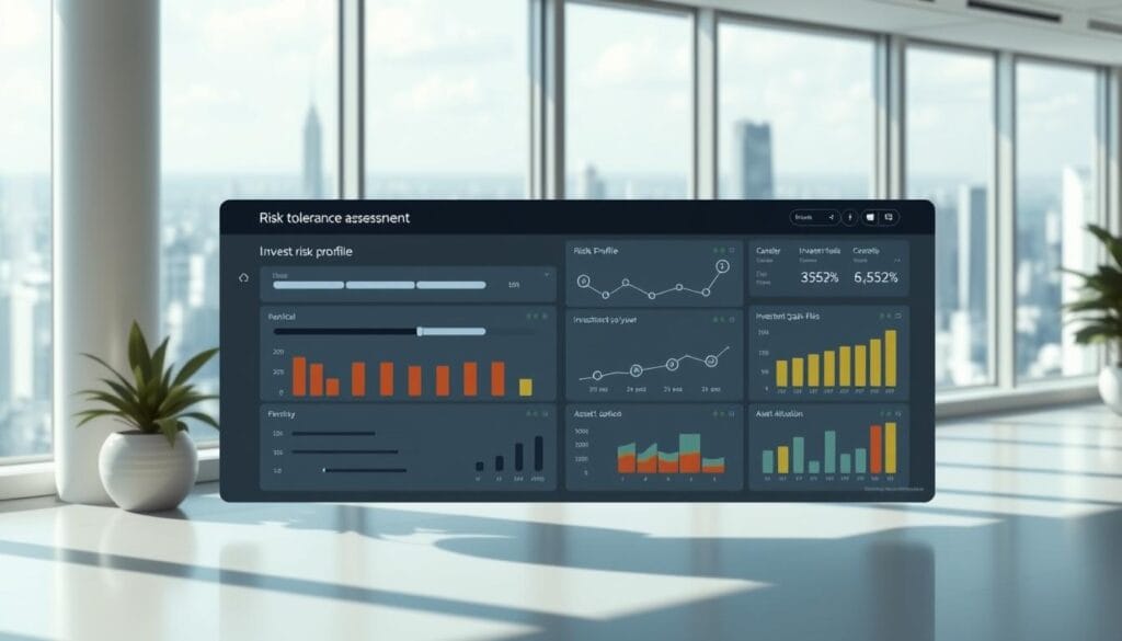 Detailed photorealistic illustration of a risk tolerance assessment dashboard. In the foreground, a sleek, minimalist interface with sliders, charts, and infographics displaying key financial metrics like risk profile, investment goals, and asset allocation. The background features a clean, modern office setting with large windows offering a panoramic view of a vibrant cityscape. Soft, directional lighting casts subtle shadows, creating depth and dimension. The overall atmosphere conveys a sense of insight, control, and financial empowerment. Detailed photorealistic illustration of a risk tolerance assessment dashboard. In the foreground, a sleek, minimalist interface with sliders, charts, and infographics displaying key financial metrics like risk profile, investment goals, and asset allocation. The background features a clean, modern office setting with large windows offering a panoramic view of a vibrant cityscape. Soft, directional lighting casts subtle shadows, creating depth and dimension. The overall atmosphere conveys a sense of insight, control, and financial empowerment.