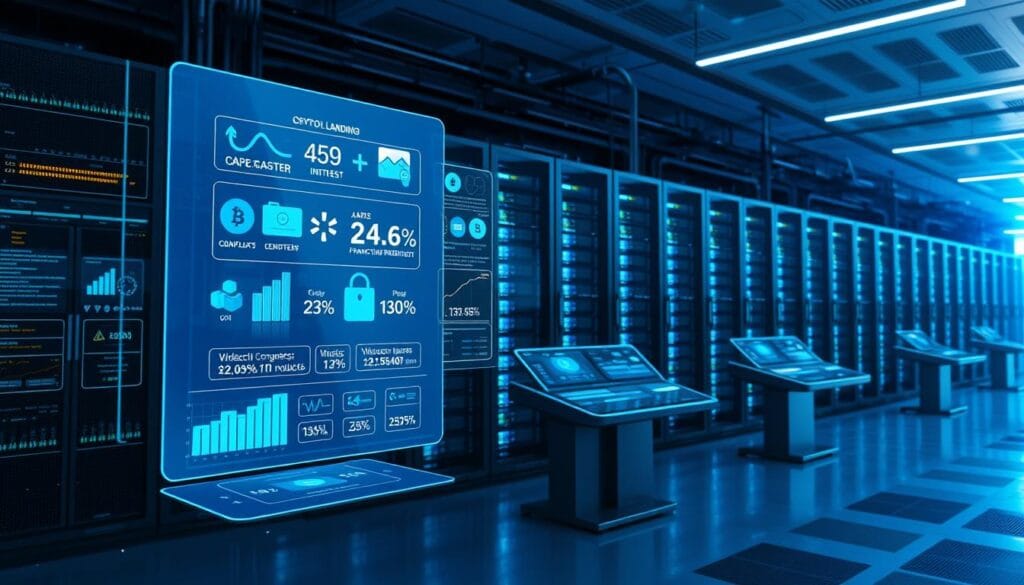 Detailed rendering of a modern cryptocurrency lending platform. In the foreground, a holographic display showcases various financial products and interest rates. The middle ground features sleek interface terminals with data visualizations and transaction processing. In the background, a server room with banks of powerful blockchain computing nodes bathed in cool blue lighting. The overall atmosphere is one of technological sophistication, security, and financial innovation, reflecting the future of personal lending powered by blockchain technology.