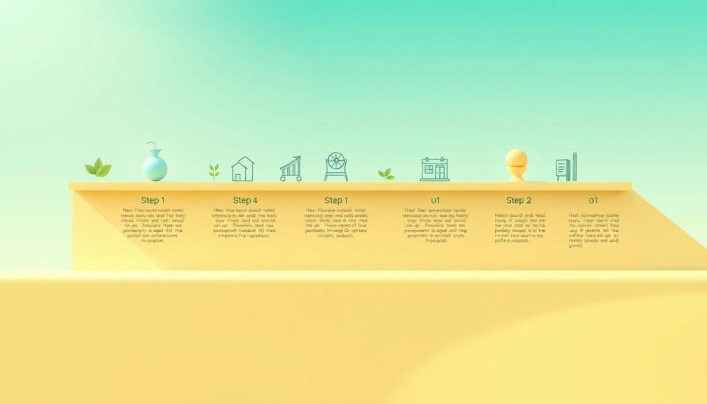 Detailed, step-by-step eco-friendly financing process illustrated through a series of minimalist icons and geometric shapes. A clean, modern design with a bright, natural color palette conveying sustainability and efficiency. The foreground features distinct steps represented by overlapping shapes, the middle ground showcases various financial services icons, and the background has a subtle gradient evoking a sense of progression. Soft lighting from the top left casts gentle shadows, creating depth and highlighting the sleek, geometric elements. The overall mood is one of streamlined, environmentally-conscious financial solutions.