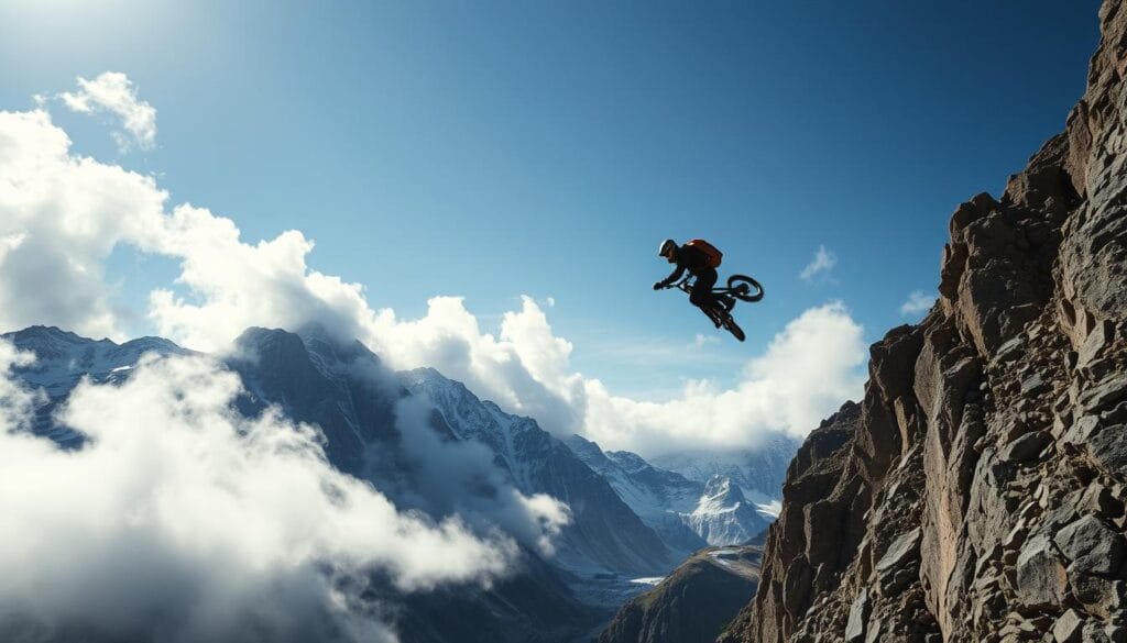Dramatic adventure sports coverage in the great outdoors: A dynamic aerial view captures extreme athletes mid-action, suspended against a dramatic mountain backdrop. Crisp natural lighting illuminates the rugged terrain, with dynamic clouds casting dramatic shadows across the scene. The camera angle tilts slightly upward, creating a sense of dynamism and excitement as the athletes perform daring feats. The overall mood is one of adrenaline, power, and the thrill of human achievement in the face of nature's grandeur.