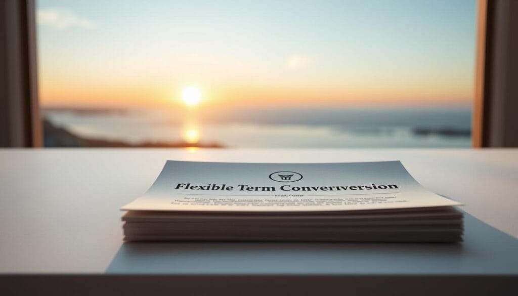 Elegant, minimalist rendering of flexible term conversion options. Centered composition, with a clean, modern layout. In the foreground, a stack of life insurance policy documents, each with a flexible term conversion icon or symbol. Soft, diffused lighting casts gentle shadows, creating depth and dimension. The middle ground features a serene, blurred backdrop of a tranquil outdoor scene - perhaps a sunset over a coastal landscape. The overall mood is one of security, stability, and the flexibility to adapt to changing needs. Realistic, high-quality photorealistic depiction, captured with a professional-grade camera lens. Elegant, minimalist rendering of flexible term conversion options. Centered composition, with a clean, modern layout. In the foreground, a stack of life insurance policy documents, each with a flexible term conversion icon or symbol. Soft, diffused lighting casts gentle shadows, creating depth and dimension. The middle ground features a serene, blurred backdrop of a tranquil outdoor scene - perhaps a sunset over a coastal landscape. The overall mood is one of security, stability, and the flexibility to adapt to changing needs. Realistic, high-quality photorealistic depiction, captured with a professional-grade camera lens.
