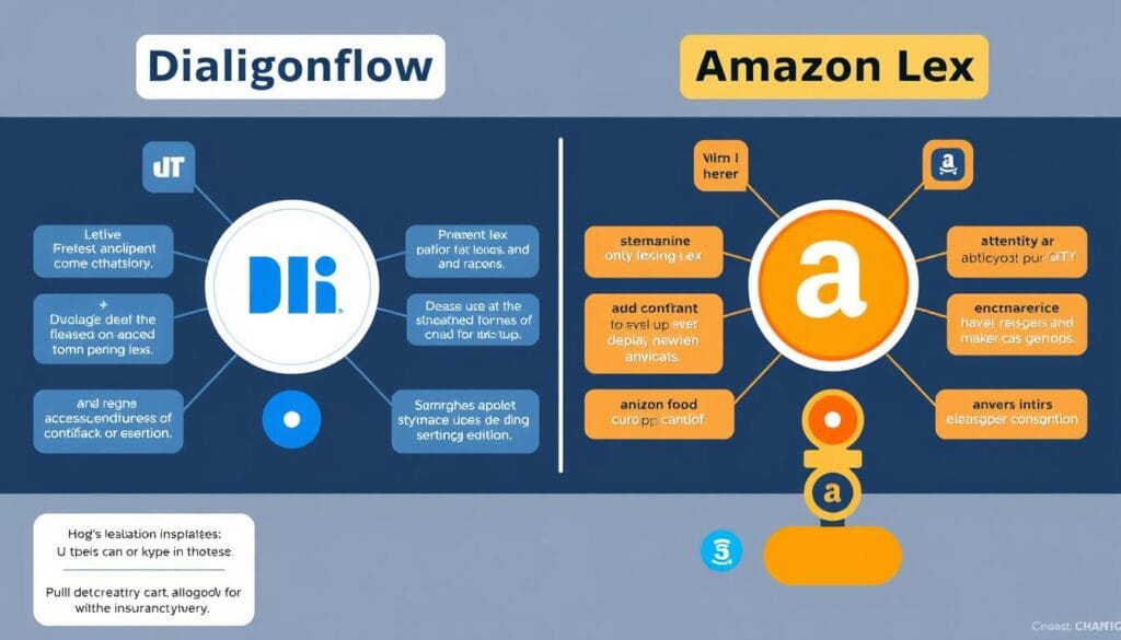 Generate an image comparing the features of Dialogflow and Amazon Lex for insurance chatbot development.