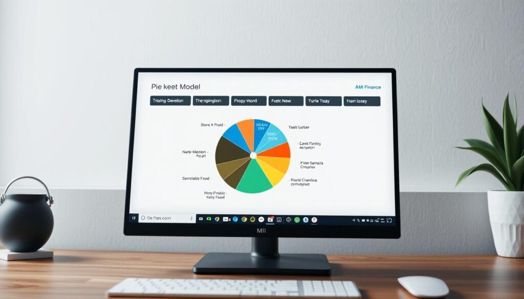Generate an image illustrating the M1 Finance "Pie" investing model on a desktop screen, showing various slices representing different investments.