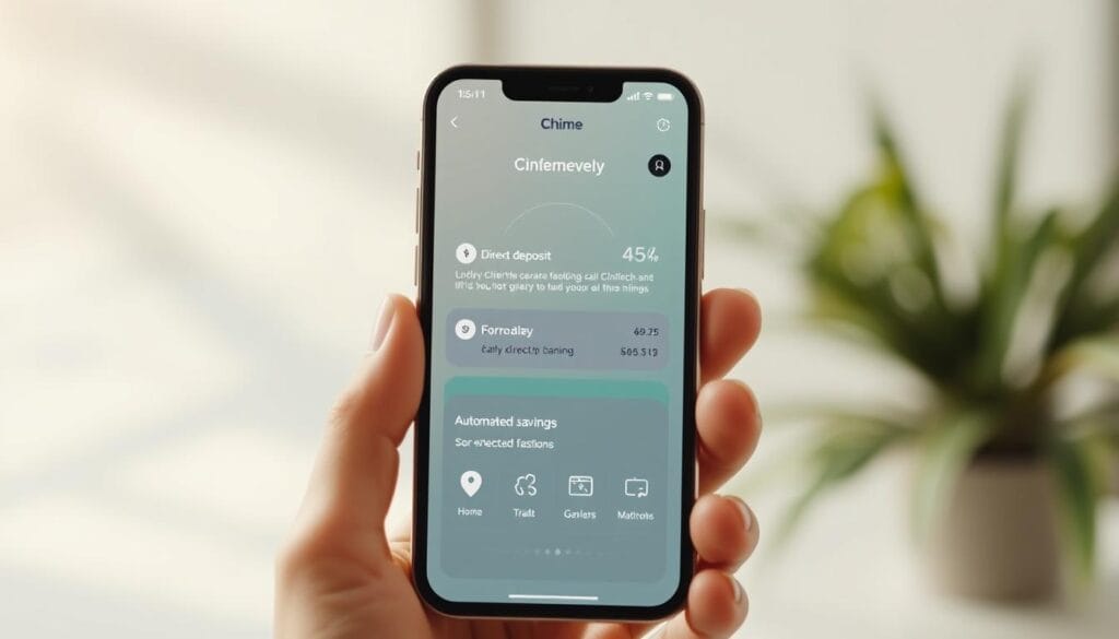 Generate an image of Chime's mobile banking app interface showing early direct deposit and automated savings features.