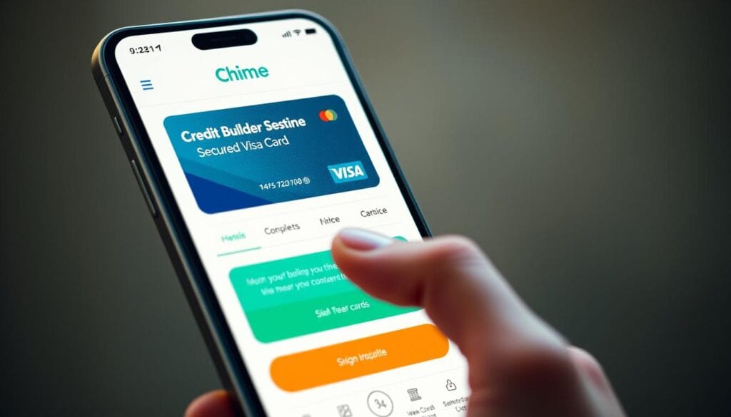 Generate an image of Chime's mobile banking app interface showing the Credit Builder Secured Visa Card feature. Generate an image of Chime's mobile banking app interface showing the Credit Builder Secured Visa Card feature.