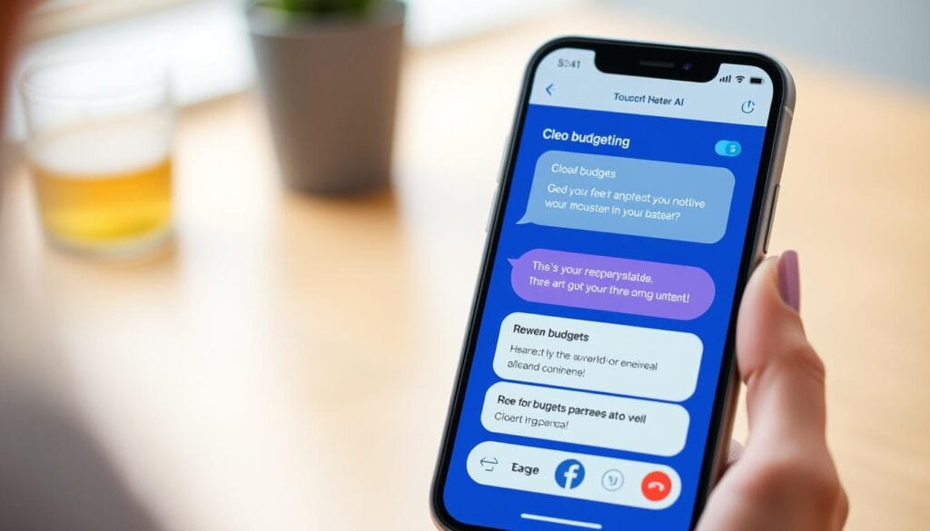 Generate an image of Cleo's conversational AI interface on a mobile device, showcasing its user-friendly budgeting features. Generate an image of Cleo's conversational AI interface on a mobile device, showcasing its user-friendly budgeting features.