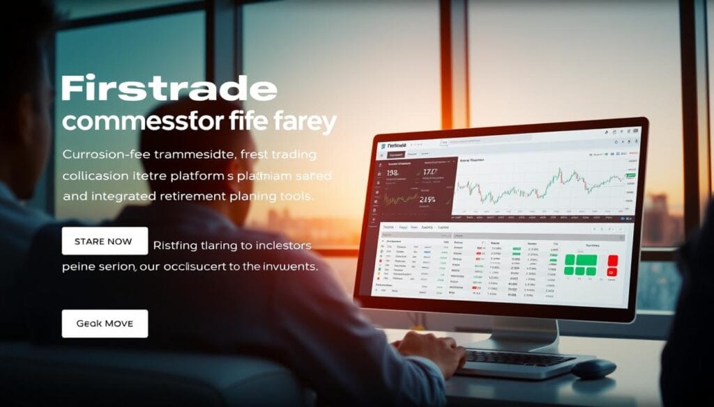 Generate an image of Firstrade's commission-free trading platform with retirement planning tools. Generate an image of Firstrade's commission-free trading platform with retirement planning tools.
