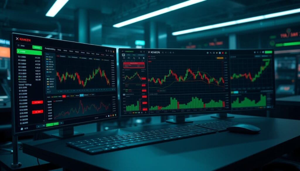 Generate an image of Kraken's trading interface highlighting its advanced features. Generate an image of Kraken's trading interface highlighting its advanced features.