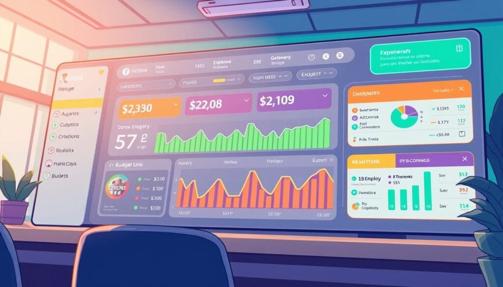 Generate an image of Mint's dashboard highlighting its expense categorization and budget alerts. Generate an image of Mint's dashboard highlighting its expense categorization and budget alerts.