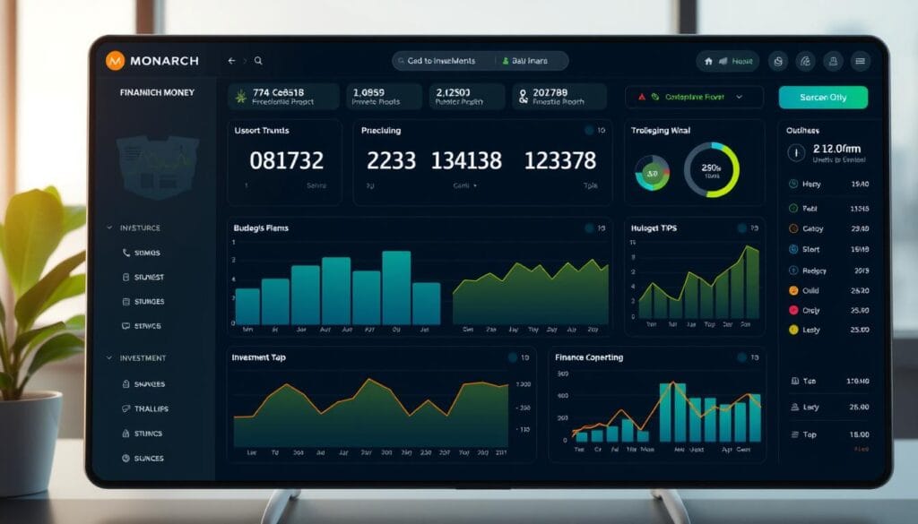 Generate an image of Monarch Money's dashboard showcasing its financial planning and investment tracking features. Generate an image of Monarch Money's dashboard showcasing its financial planning and investment tracking features.