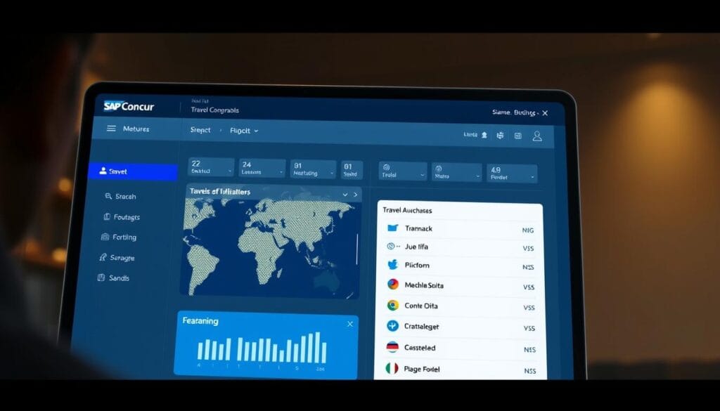 Generate an image of SAP Concur's interface highlighting its comprehensive travel booking and management features. Generate an image of SAP Concur's interface highlighting its comprehensive travel booking and management features.
