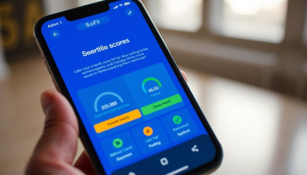 Generate an image of SoFi's mobile app interface showing credit score monitoring and financial management tools. Generate an image of SoFi's mobile app interface showing credit score monitoring and financial management tools.