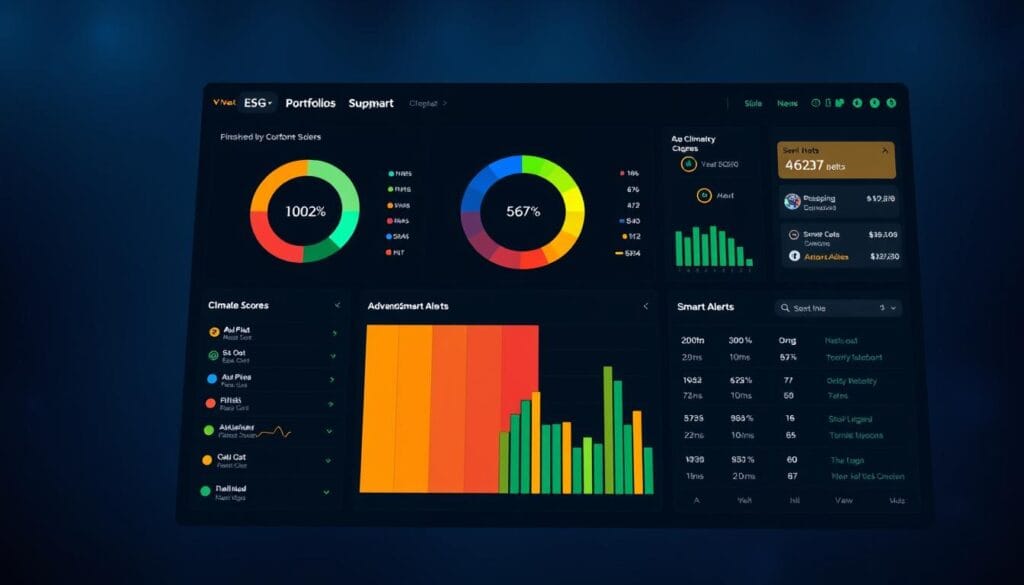 Generate an image of Ziggma's ESG portfolio tracker dashboard, highlighting its Climate Scores feature and Smart Alerts system.