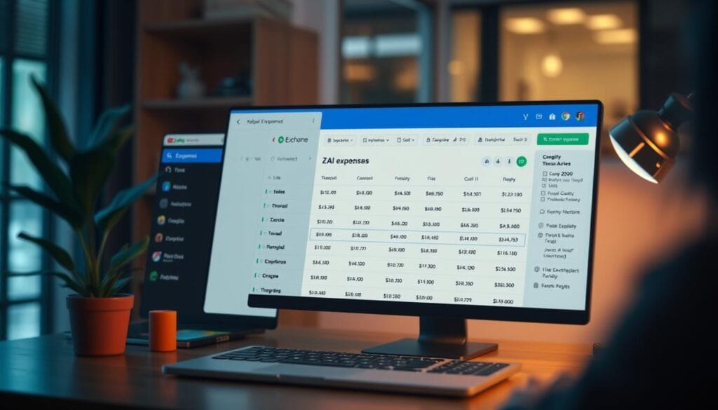 Generate an image of Zoho Expense's interface showcasing its AI assistant, Zia, for intelligent expense categorization. Generate an image of Zoho Expense's interface showcasing its AI assistant, Zia, for intelligent expense categorization.