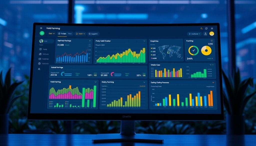 Generate an image of a DeFi yield farming dashboard on a computer screen.