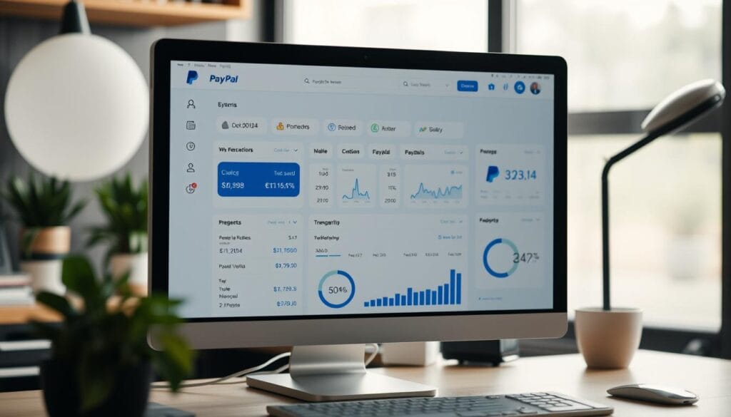 Generate an image of a PayPal business account dashboard on a computer screen.
