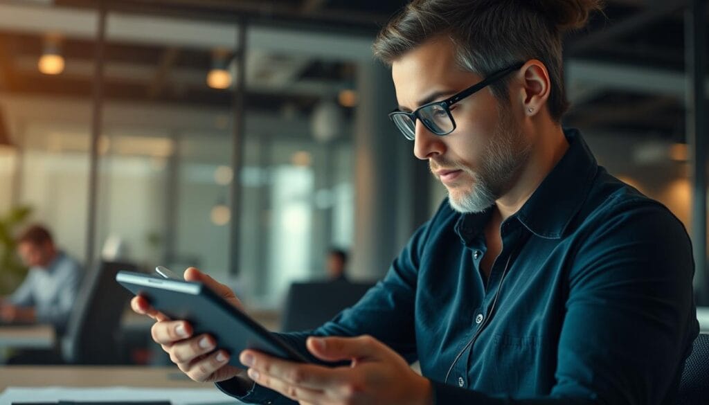 Generate an image of a business owner reviewing their financial summary on Emma.