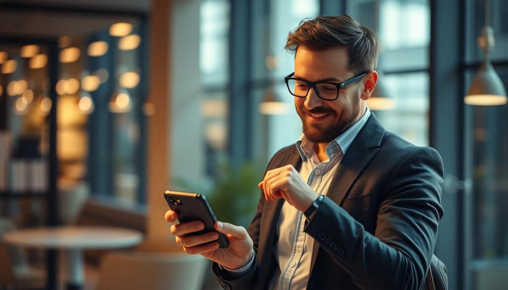 Generate an image of a business owner using the Cuvva app to purchase insurance on a smartphone.