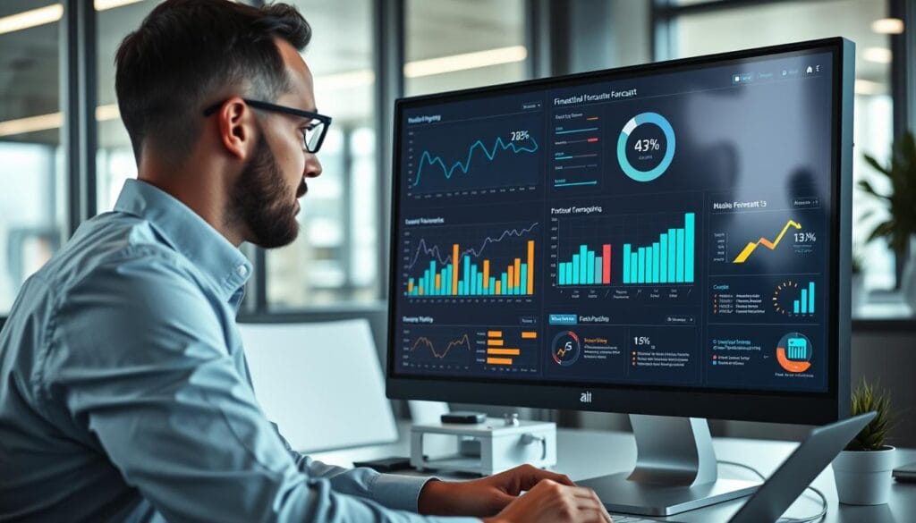 Generate an image of a business professional evaluating different AI financial forecasting tools on a computer screen. Generate an image of a business professional evaluating different AI financial forecasting tools on a computer screen.