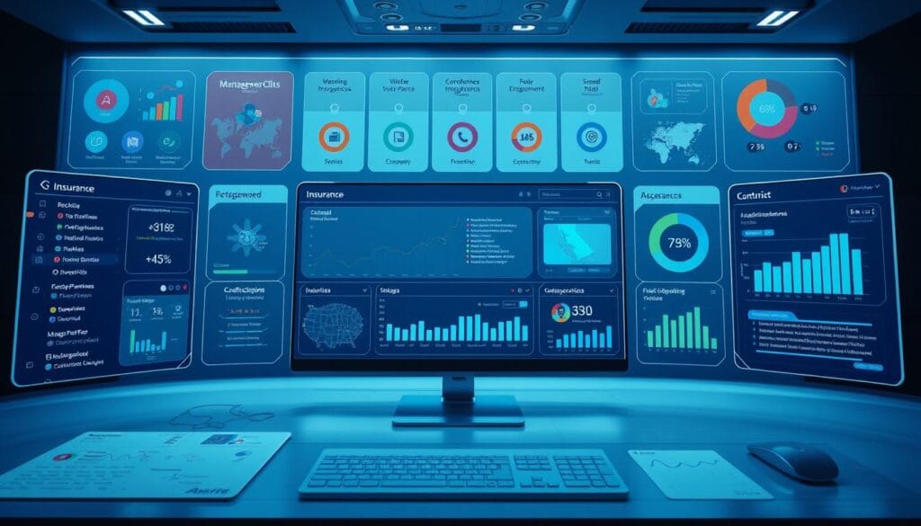 Generate an image of a comprehensive insurance platform interface showcasing various management tools and features.
