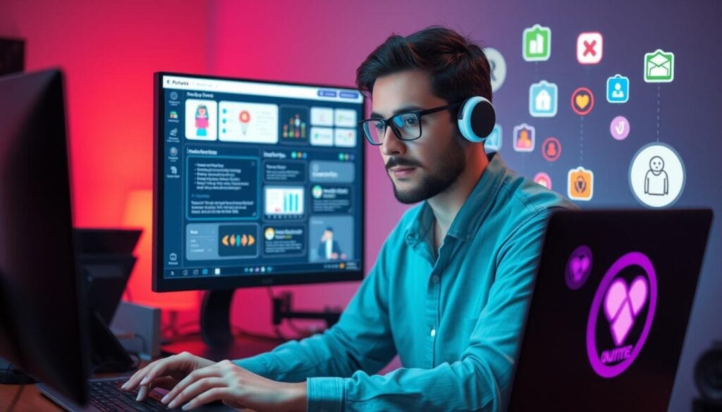 Generate an image of a developer using Botpress's visual drag-and-drop canvas to create a customized insurance chatbot.