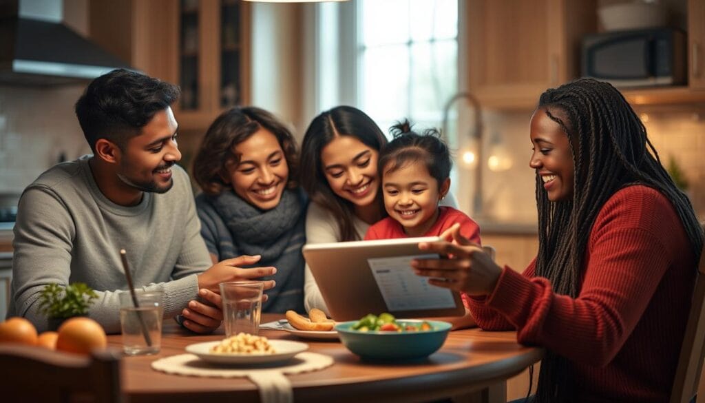 Generate an image of a family using a budgeting app on a tablet together. Generate an image of a family using a budgeting app on a tablet together.