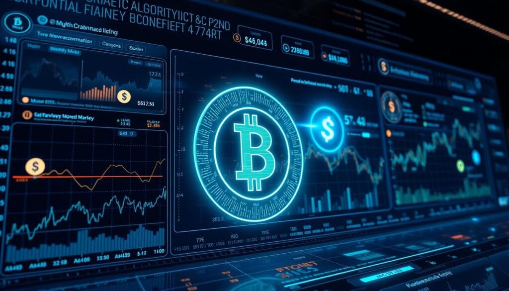 Generate an image of a futuristic algorithmic money market interface with various crypto assets being lent and borrowed. Generate an image of a futuristic algorithmic money market interface with various crypto assets being lent and borrowed.