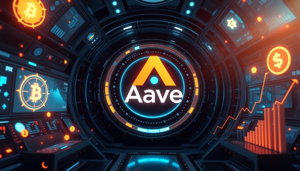 Generate an image of a futuristic financial hub with Aave's logo prominently displayed, surrounded by various cryptocurrency symbols and graphs showing upward trends. Generate an image of a futuristic financial hub with Aave's logo prominently displayed, surrounded by various cryptocurrency symbols and graphs showing upward trends.