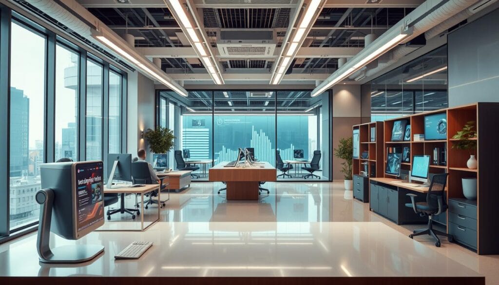 Generate an image of a futuristic insurance claims processing office with AI-powered software solutions. Generate an image of a futuristic insurance claims processing office with AI-powered software solutions.