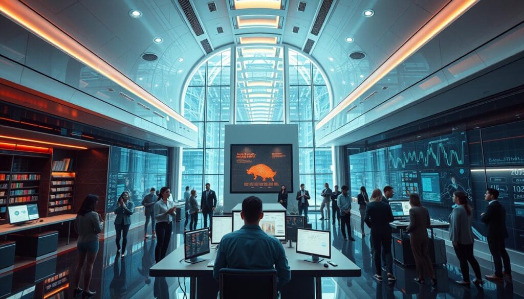 Generate an image of a futuristic insurance company using AI for pricing models. Generate an image of a futuristic insurance company using AI for pricing models.