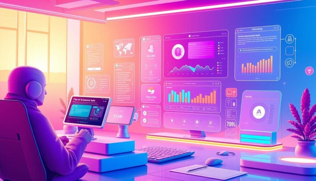 Generate an image of a futuristic insurance platform interface with various customer engagement tools.