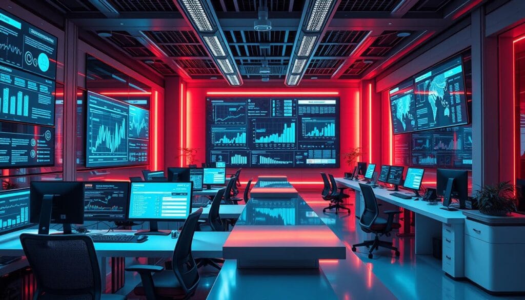 Generate an image of a futuristic insurance underwriting office with AI-powered computers and data analytics screens. Generate an image of a futuristic insurance underwriting office with AI-powered computers and data analytics screens.