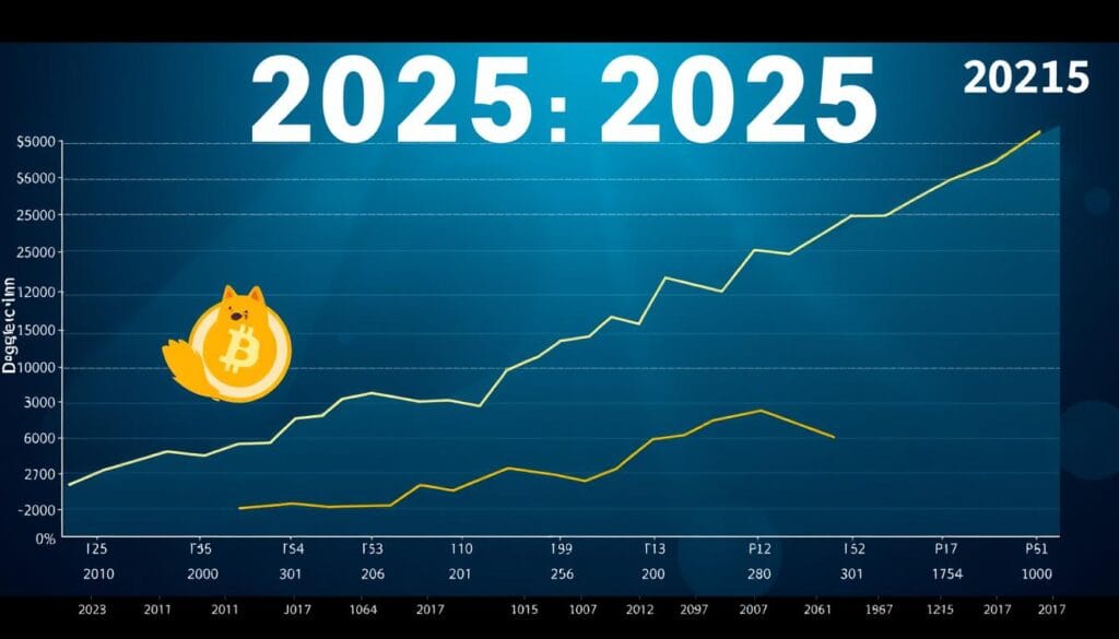 Generate an image of a graph showing the predicted price trends for Dogecoin, Shiba Inu, and PEPE in 2025.