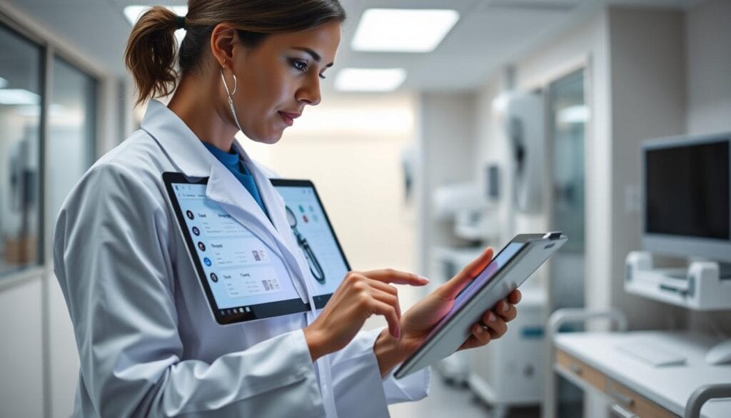 Generate an image of a healthcare professional using a tablet with the Flume OS interface. Generate an image of a healthcare professional using a tablet with the Flume OS interface.