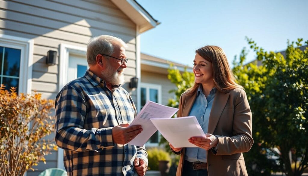Generate an image of a modern home with a satisfied homeowner and an insurance agent discussing policy details. Generate an image of a modern home with a satisfied homeowner and an insurance agent discussing policy details.