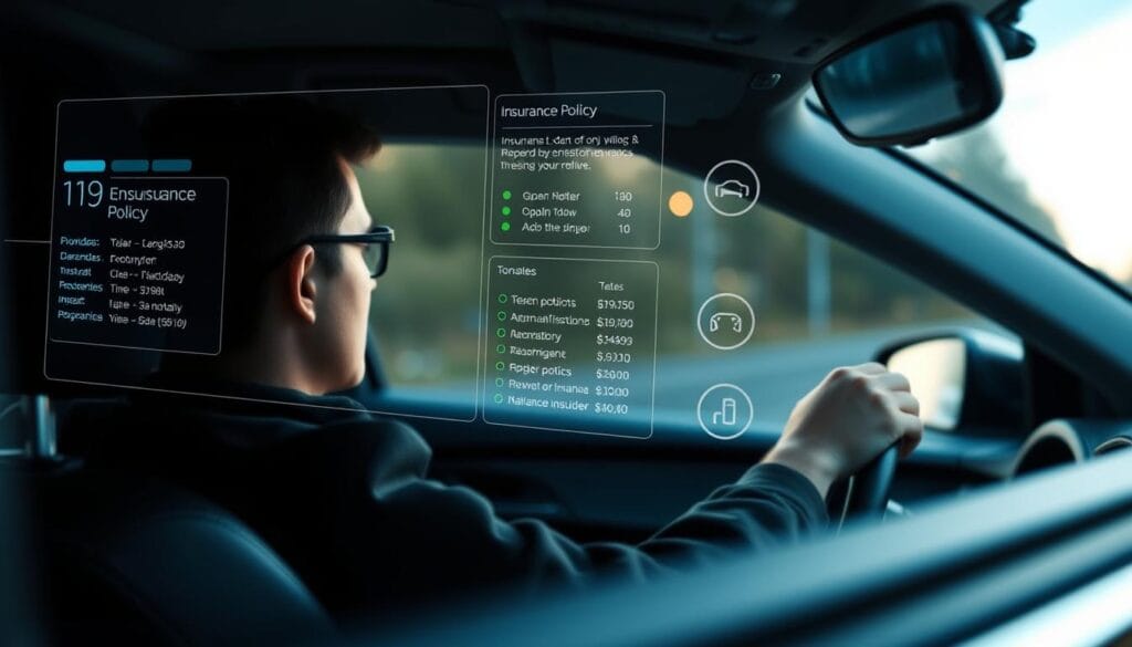 Generate an image of a person driving a car with a subtle overlay of a digital interface showing insurance policy details. Generate an image of a person driving a car with a subtle overlay of a digital interface showing insurance policy details.