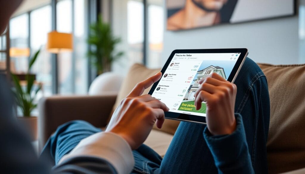 Generate an image of a person investing in real estate using the Tellus app on their tablet. Generate an image of a person investing in real estate using the Tellus app on their tablet.