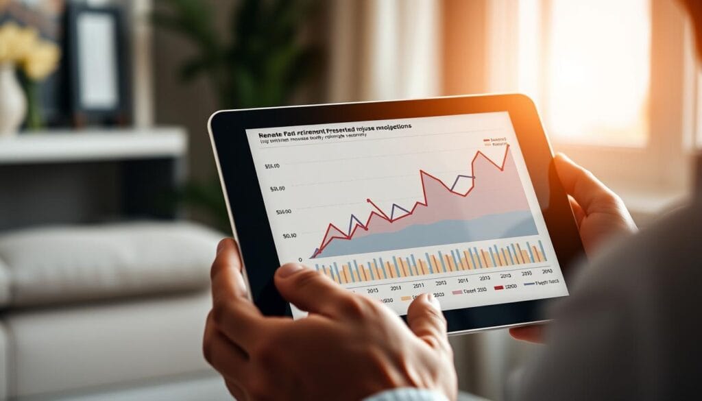 Generate an image of a person reviewing retirement income projections on a tablet with a graph showing optimized income scenarios. Generate an image of a person reviewing retirement income projections on a tablet with a graph showing optimized income scenarios.