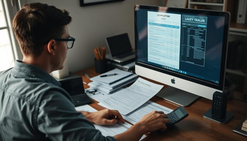 Generate an image of a person reviewing tax forms related to cryptocurrency on a computer screen. Generate an image of a person reviewing tax forms related to cryptocurrency on a computer screen.