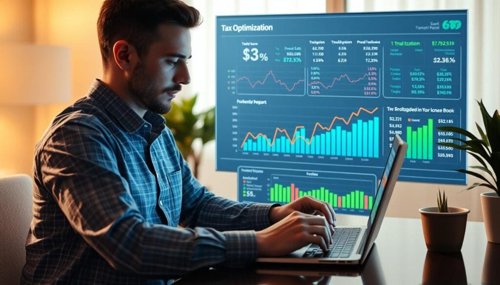 Generate an image of a person reviewing their investment portfolio on a laptop with a tax optimization graph in the background. Generate an image of a person reviewing their investment portfolio on a laptop with a tax optimization graph in the background.