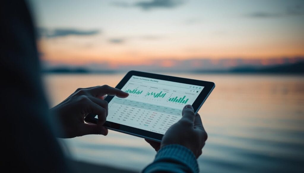 Generate an image of a person reviewing their investment portfolio on a tablet with a calm background. Generate an image of a person reviewing their investment portfolio on a tablet with a calm background.