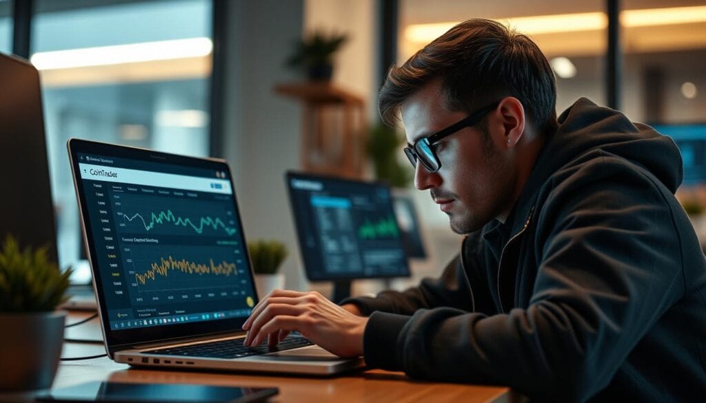 Generate an image of a person using CoinTracker on their laptop to track cryptocurrency payments.