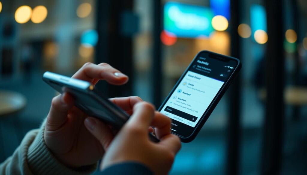 Generate an image of a person using Fidelity Crypto Payments on their mobile device